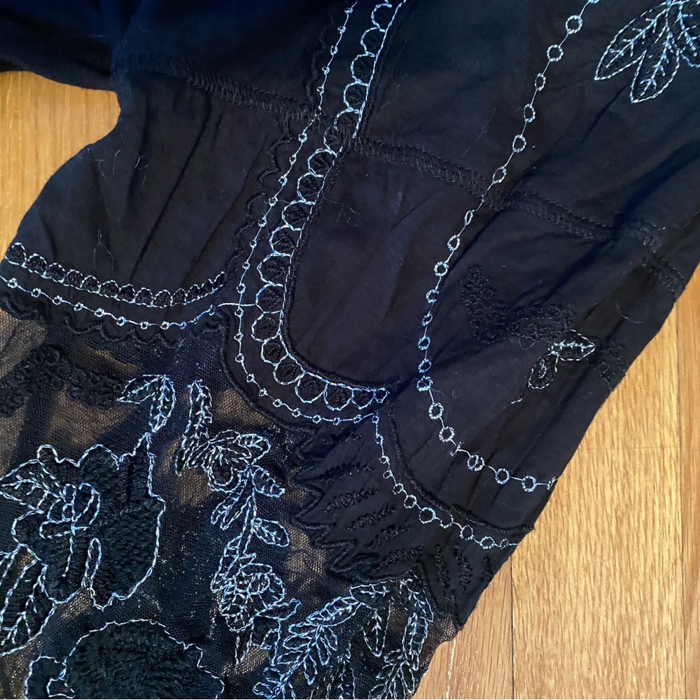 Free People BLACK  BLOUSE WITH silver Embroidered PARTIAL SHEER SLEEVE